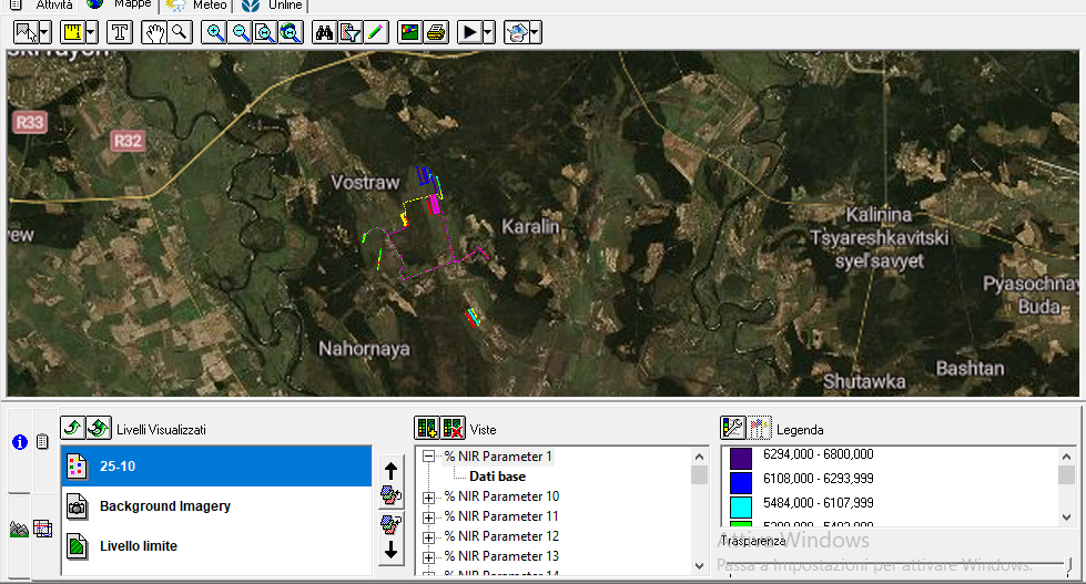 Скриншоты с данными из программы Farm Works - Общий вид маршрутов работы комбайна. Разные цвета соответствуют разным значениям сухого вещества в убранном сырье