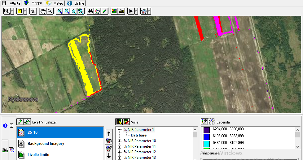 Скриншоты с данными из программы Farm Works - Подробные маршруты работы комбайна. Разные цвета соответствуют разным значениям сухого вещества в убранном сырье. Вид 2